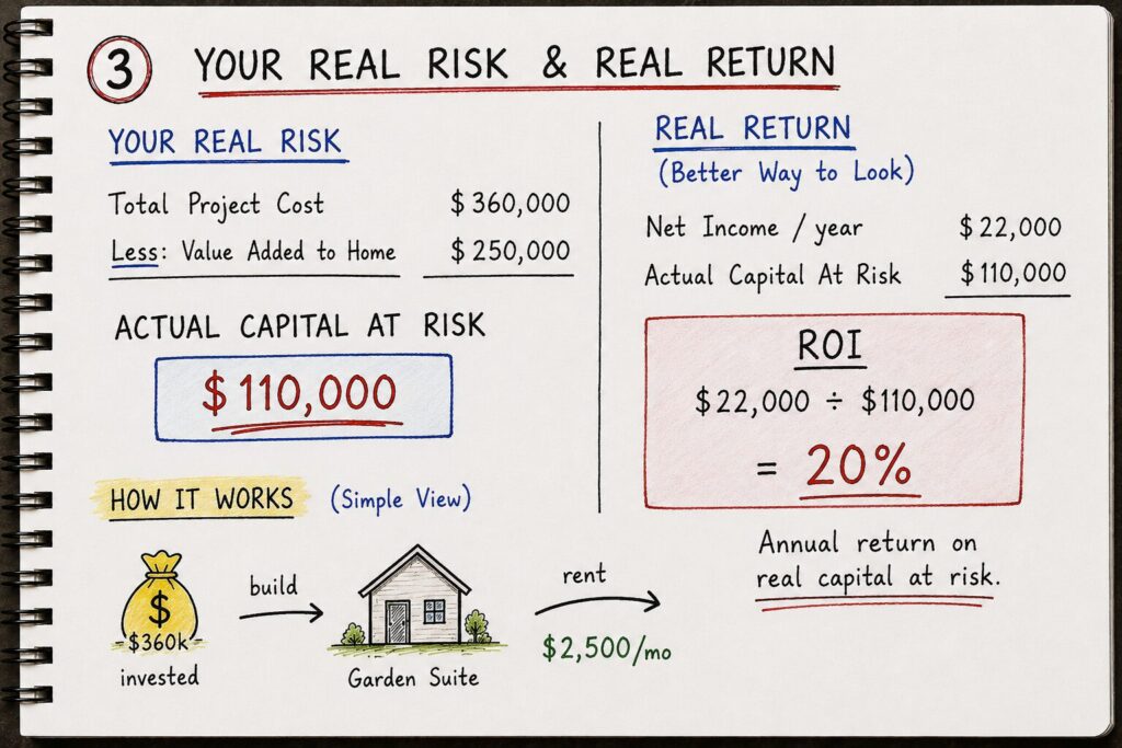 Garden suite real risk and return calculation showing capital at risk and ROI