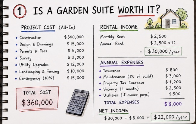 Garden suite ROI Toronto example showing construction cost rental income expenses and net income