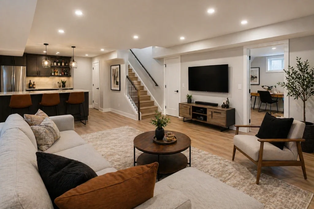 finished basement renovation in Richmond Hill with living and office space
