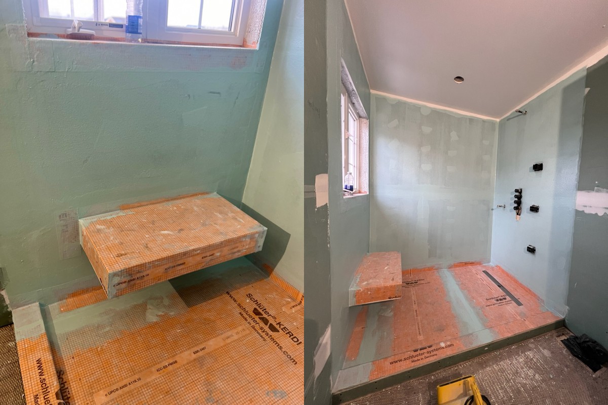 Bathroom waterproofing installation in Richmond Hill using Schluter system for shower base, walls, and proper drainage before tile installation by Renotec