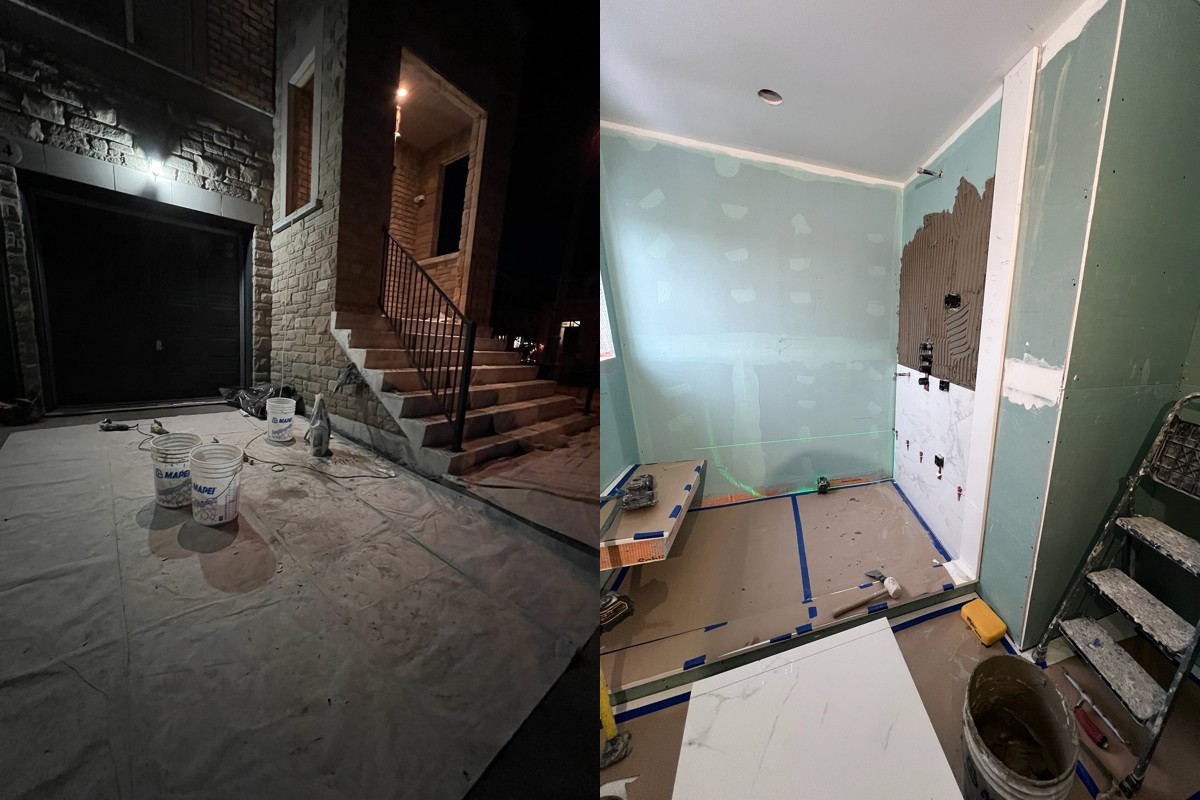 Bathroom renovation in Richmond Hill showing tile installation process with leveling and wall preparation before finishing by Renotec