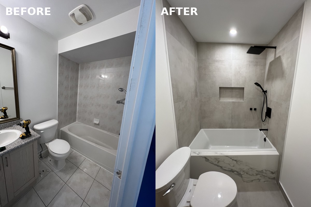 Before and after bathroom renovation in Richmond Hill showing bathtub upgrade with modern tile, built-in shower niche, and new fixtures by Renotec