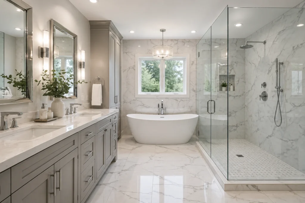bathroom renovation in Richmond Hill with glass shower and freestanding tub