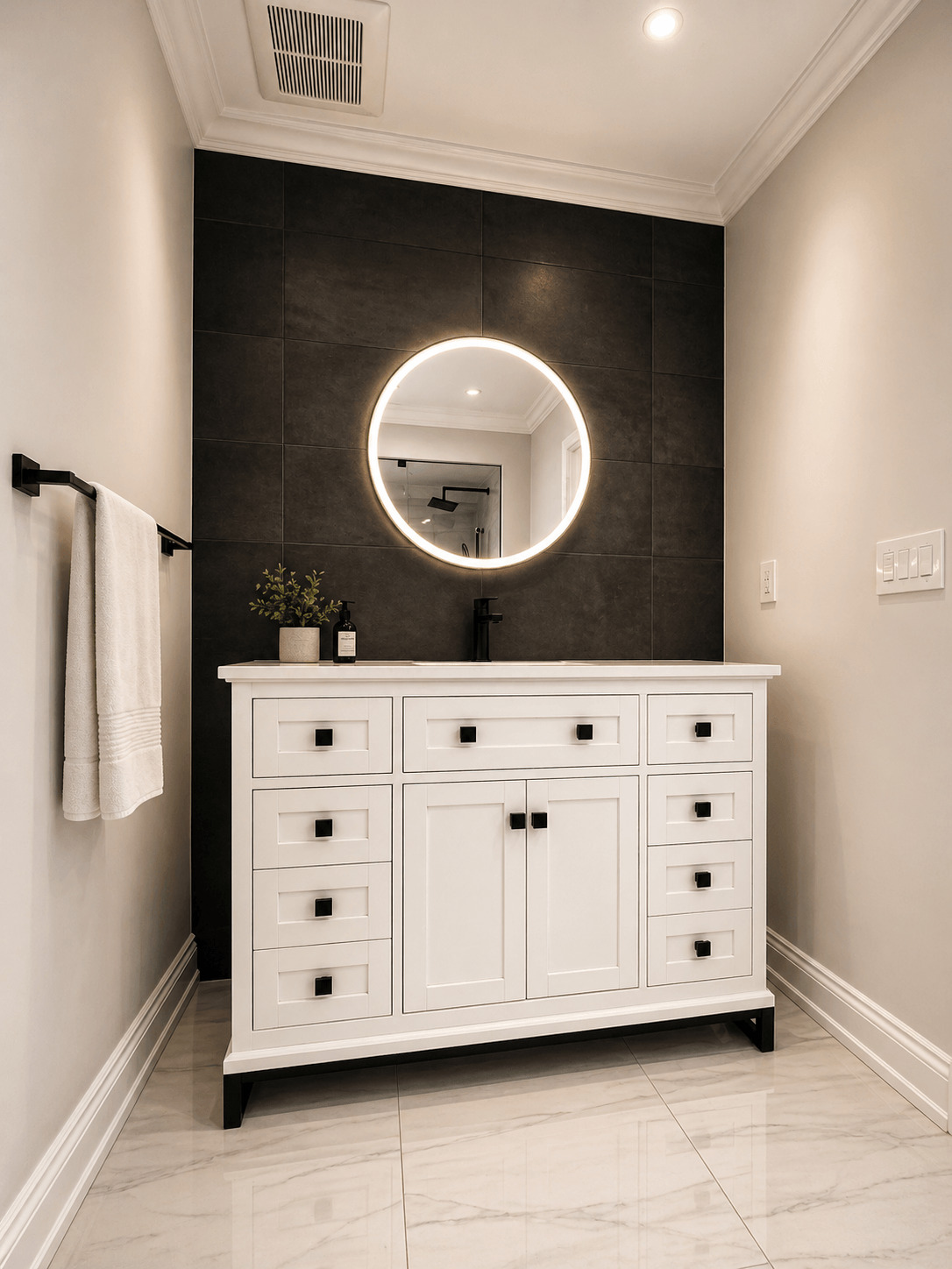 modern bathroom renovation in Richmond Hill with custom vanity and LED mirror