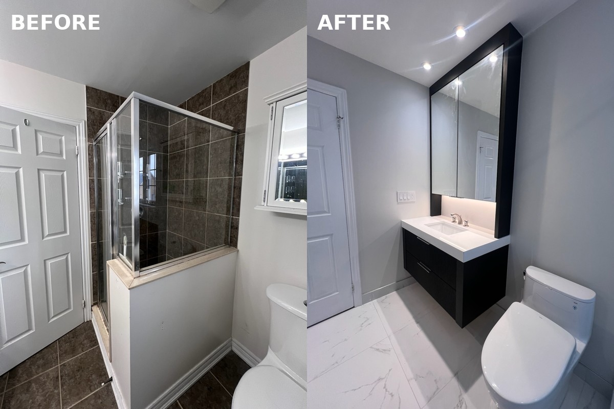 Before and after bathroom renovation in Richmond Hill showing full transformation with modern vanity, tile flooring, and updated layout by Renotec