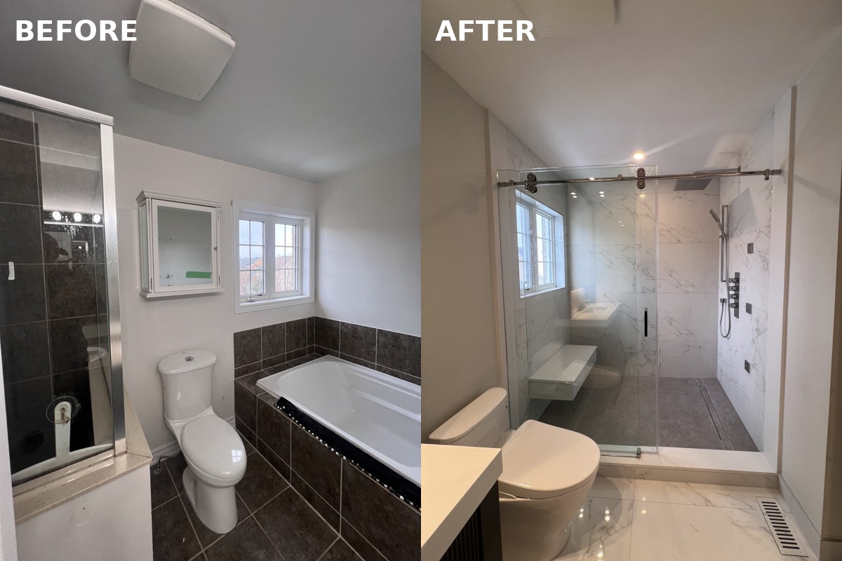 Before and after bathroom renovation in Richmond Hill showing bathtub to glass shower conversion with modern tile and custom bench by Renotec