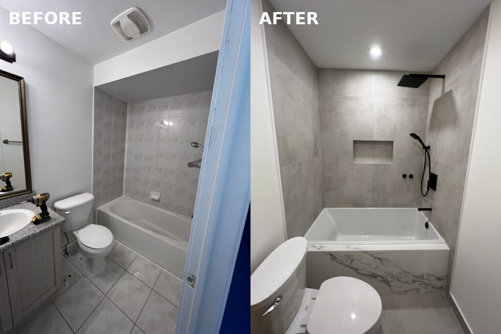Modern bathroom remodel transformation in Richmond Hill with custom shower and vanity