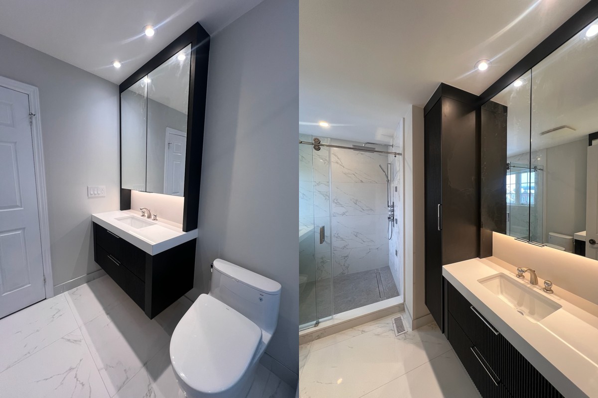 Luxury bathroom renovation in Richmond Hill featuring modern vanity, glass shower, large format tiles, and custom cabinetry by Renotec