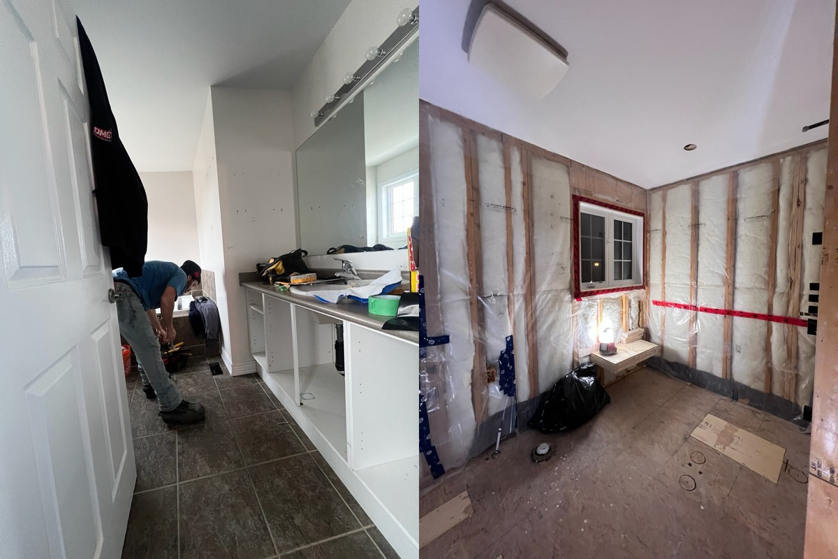 Bathroom renovation in Richmond Hill showing demolition and framing stage with exposed structure and preparation before waterproofing by Renotec