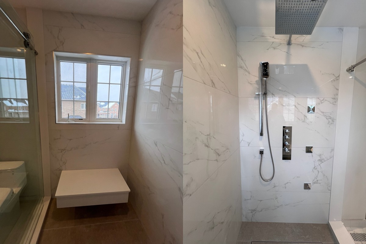 Modern shower renovation in Richmond Hill with large format marble tiles, rainfall shower system, and custom wall controls by Renotec