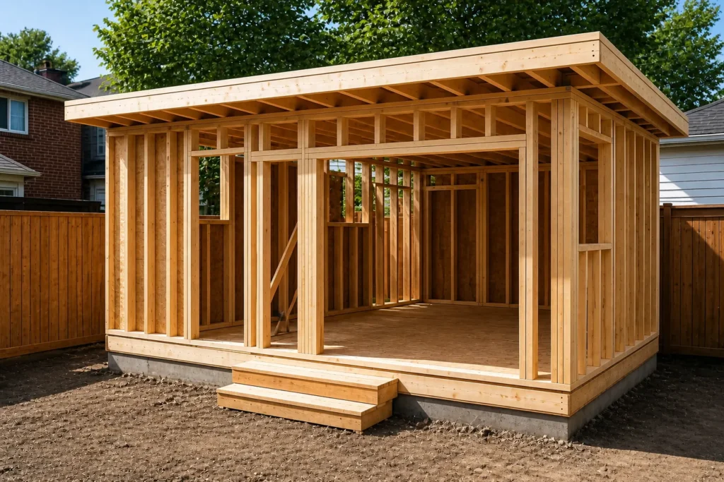 modern garden suite framing with flat roof backyard project