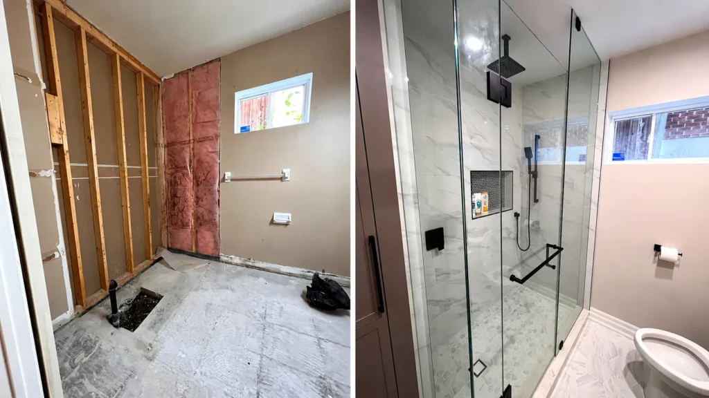 Basement bathroom renovation before and after by Renotec showing shower transformation
