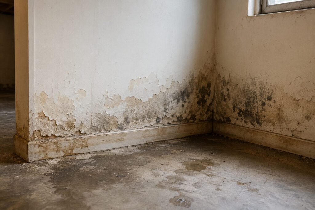 Mold and water damage around basement baseboards in GTA home