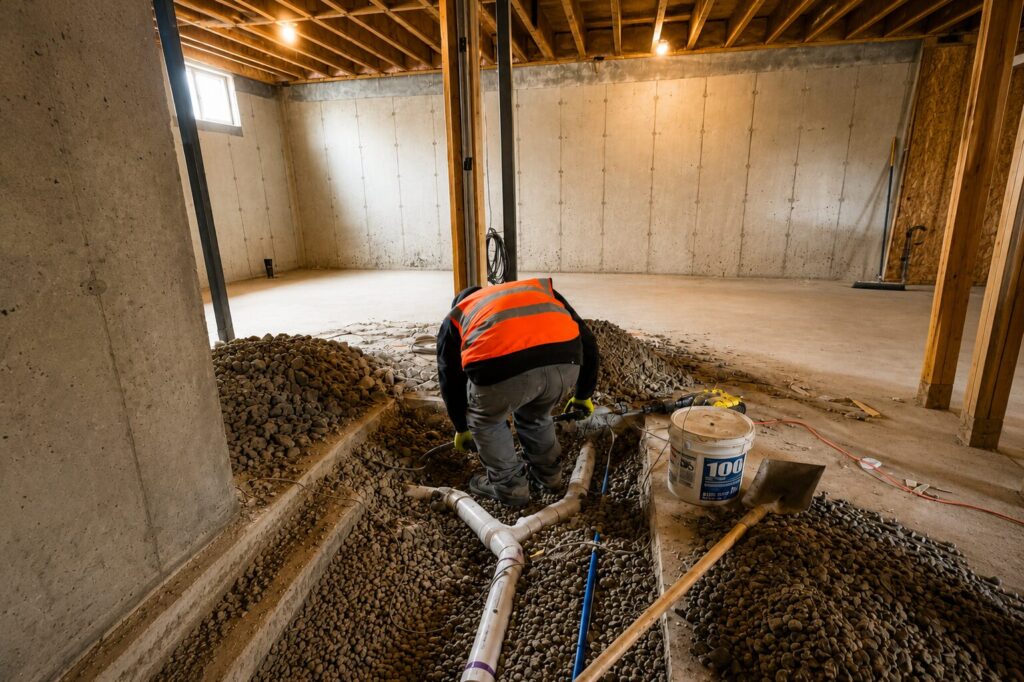 Basement plumbing rough-in work coordinated during a Toronto renovation project
