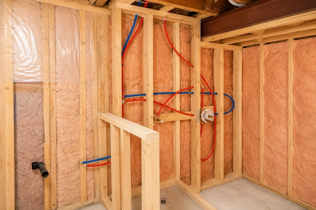 Bathroom framing and plumbing rough-in before renovation in Toronto by Renotec