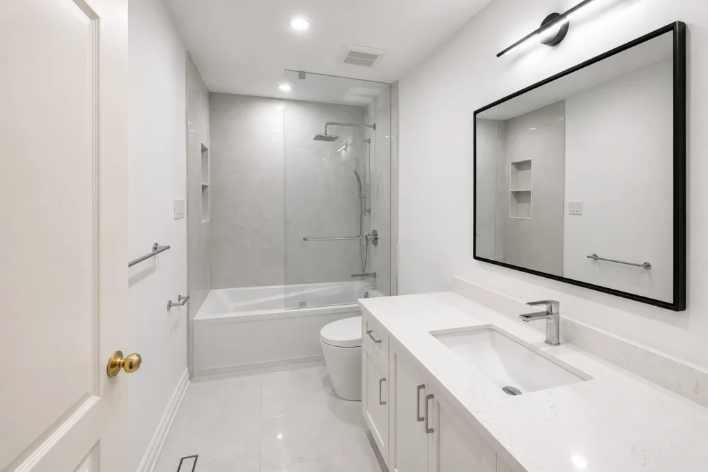 Bathtub and shower renovation in the GTA with modern tile and fixtures by Renotec