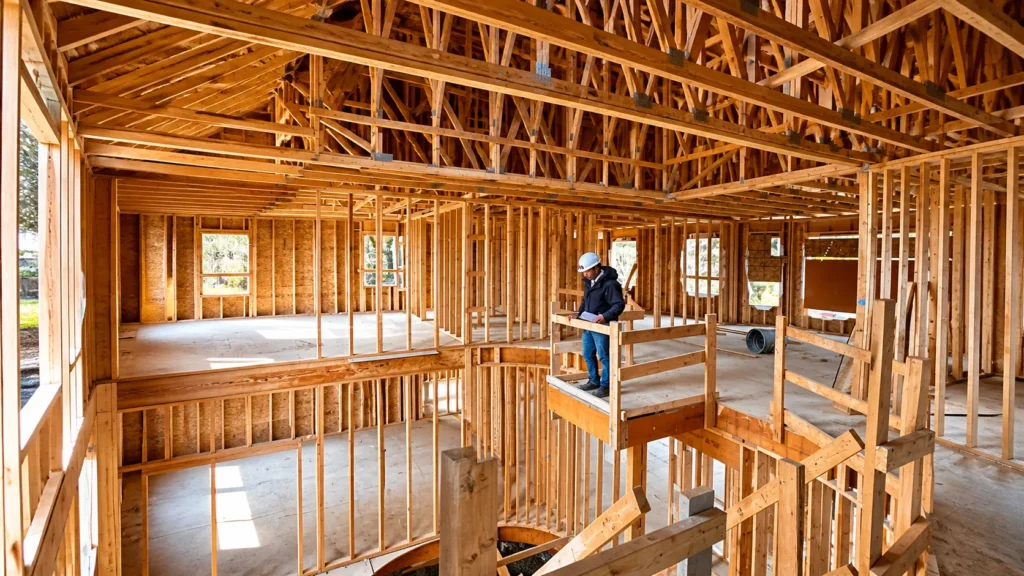 Custom home addition framing in Toronto and the GTA with Renotec reviewing construction progress