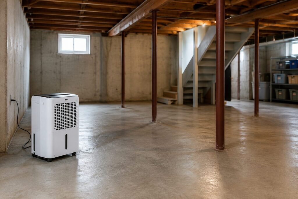 Dehumidifier used to reduce basement humidity and musty smell