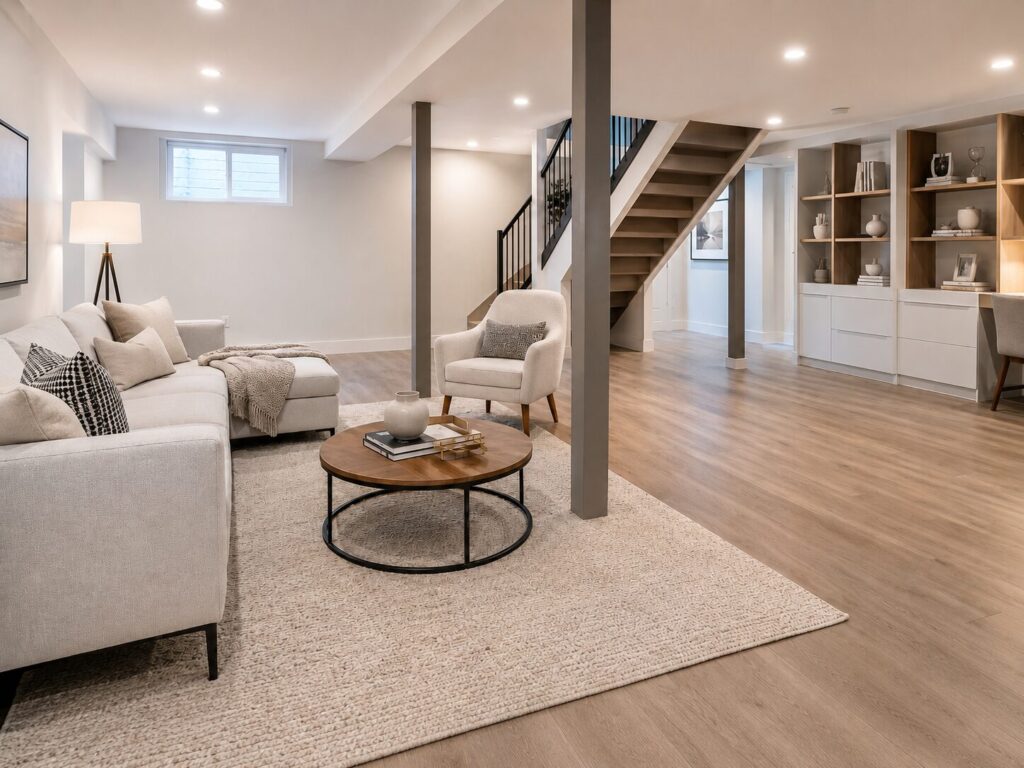 Finished basement renovation in Toronto after moisture repair