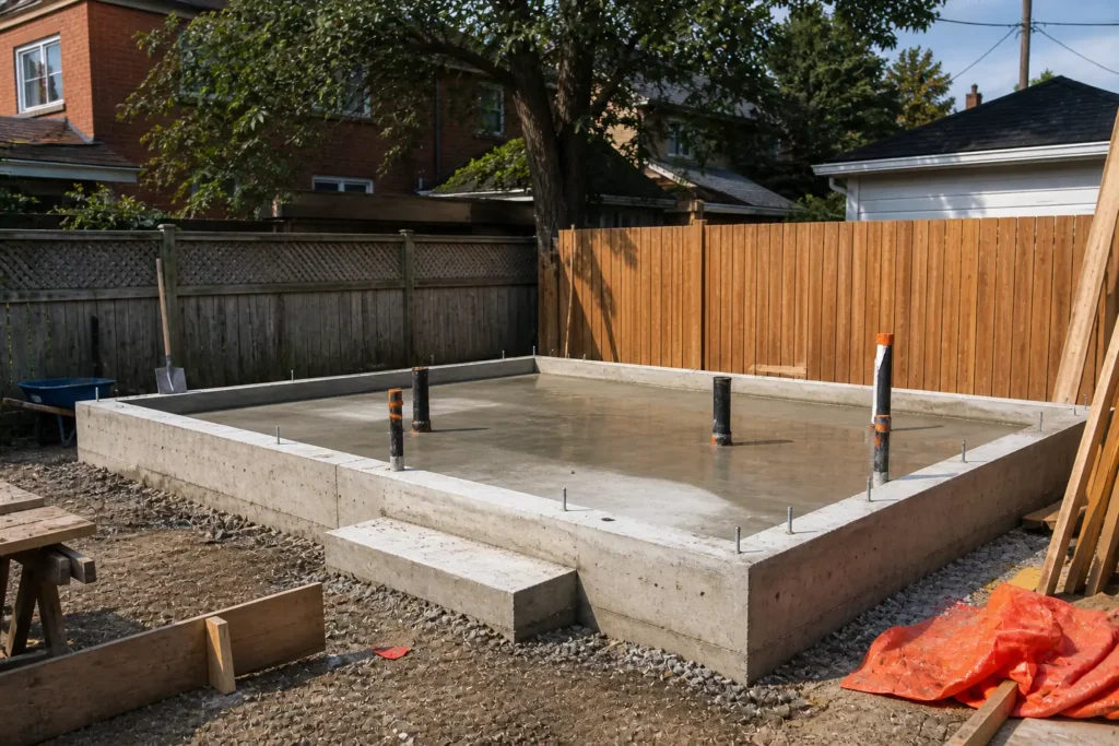 Detached backyard suite construction project and concrte foundation 