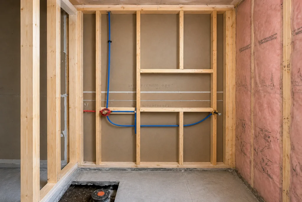 rough in plumbing installation inside garden suite construction project in Toronto